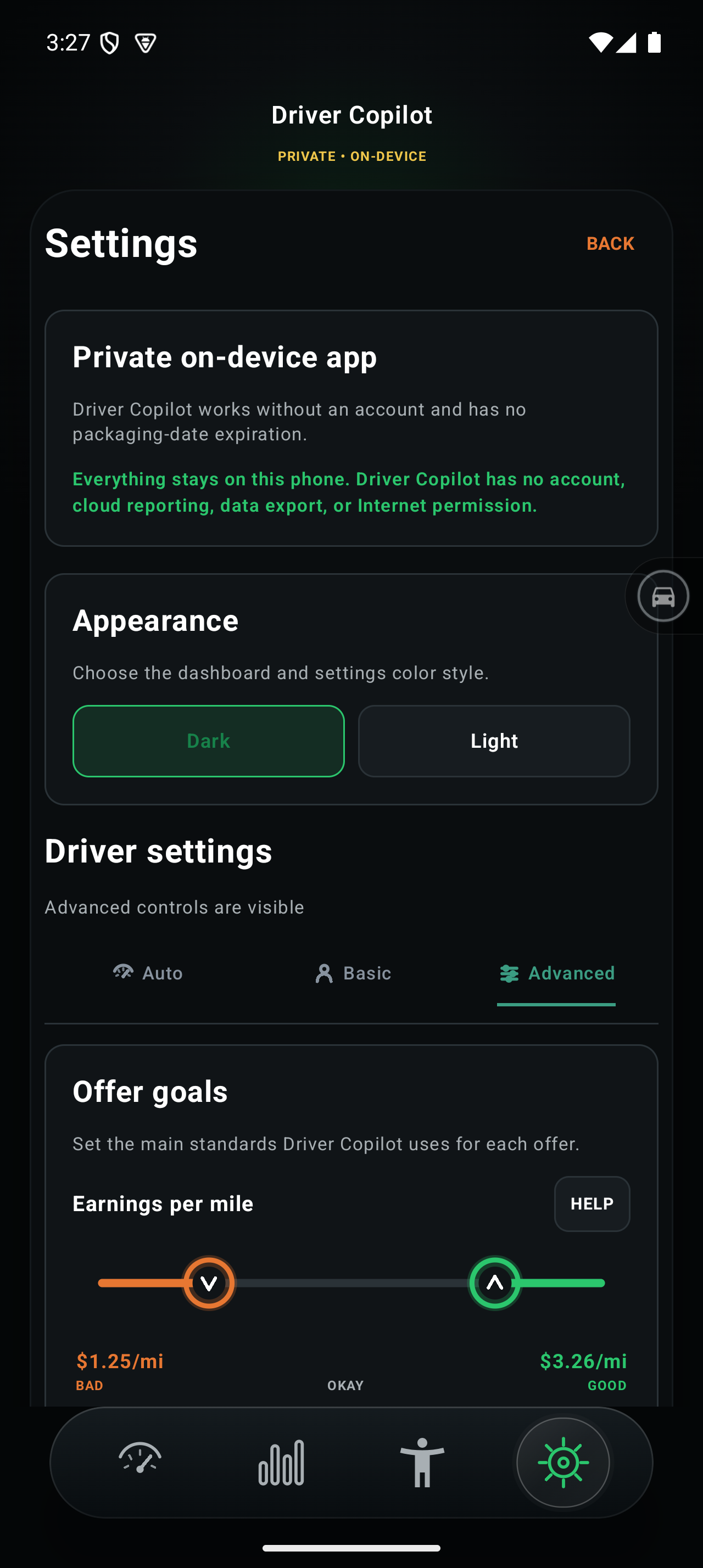 Drivers Copilot Settings screen showing private on-device controls