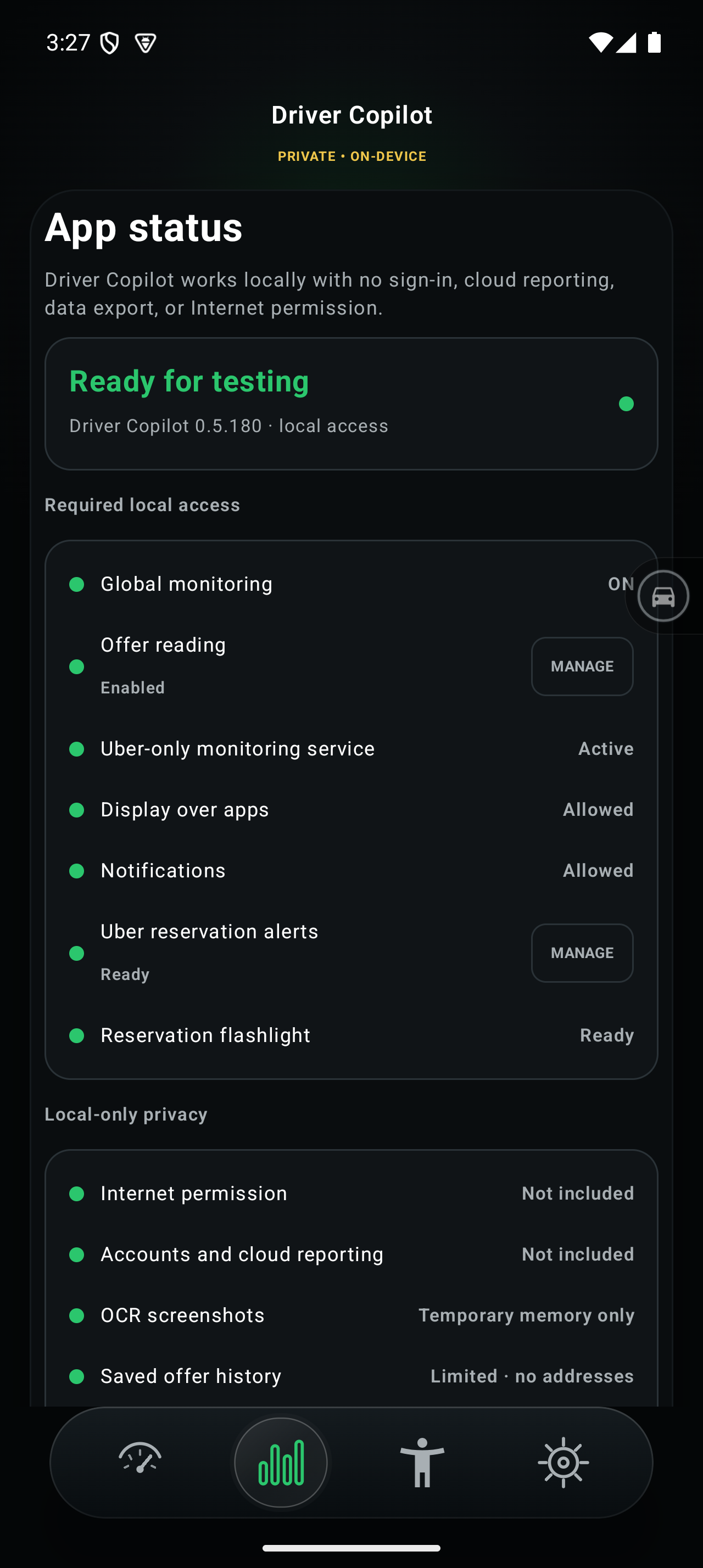 Drivers Copilot App status screen showing local-only access